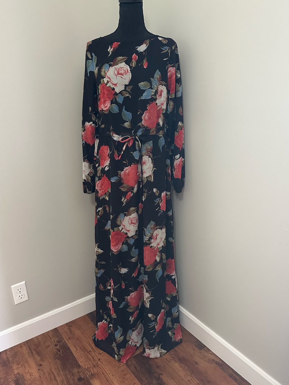 Urban Modesty Red Floral Chiffon Maxi Dress Drawstring Long Sleeve Small NWT
